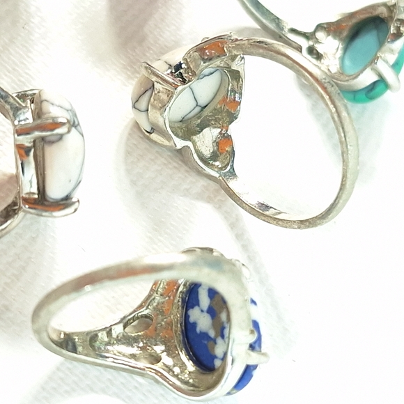 Lot of 6 Silver Tone Polished Natural Stone Rings - Picture 8 of 8